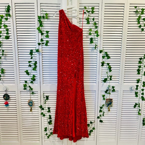 Red Berlinnova Mermaid Glitter One-Shoulder Backless Prom Dress With Sequins - Picture 2 of 6